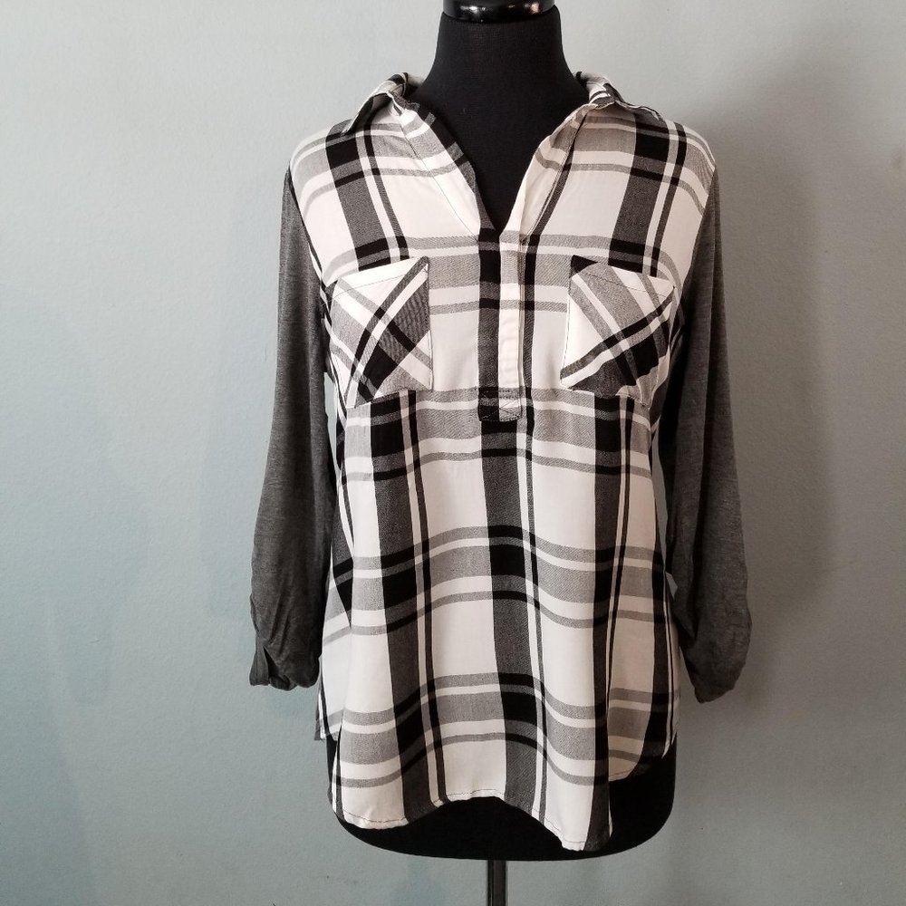 Black, gray, and white gingham blouse